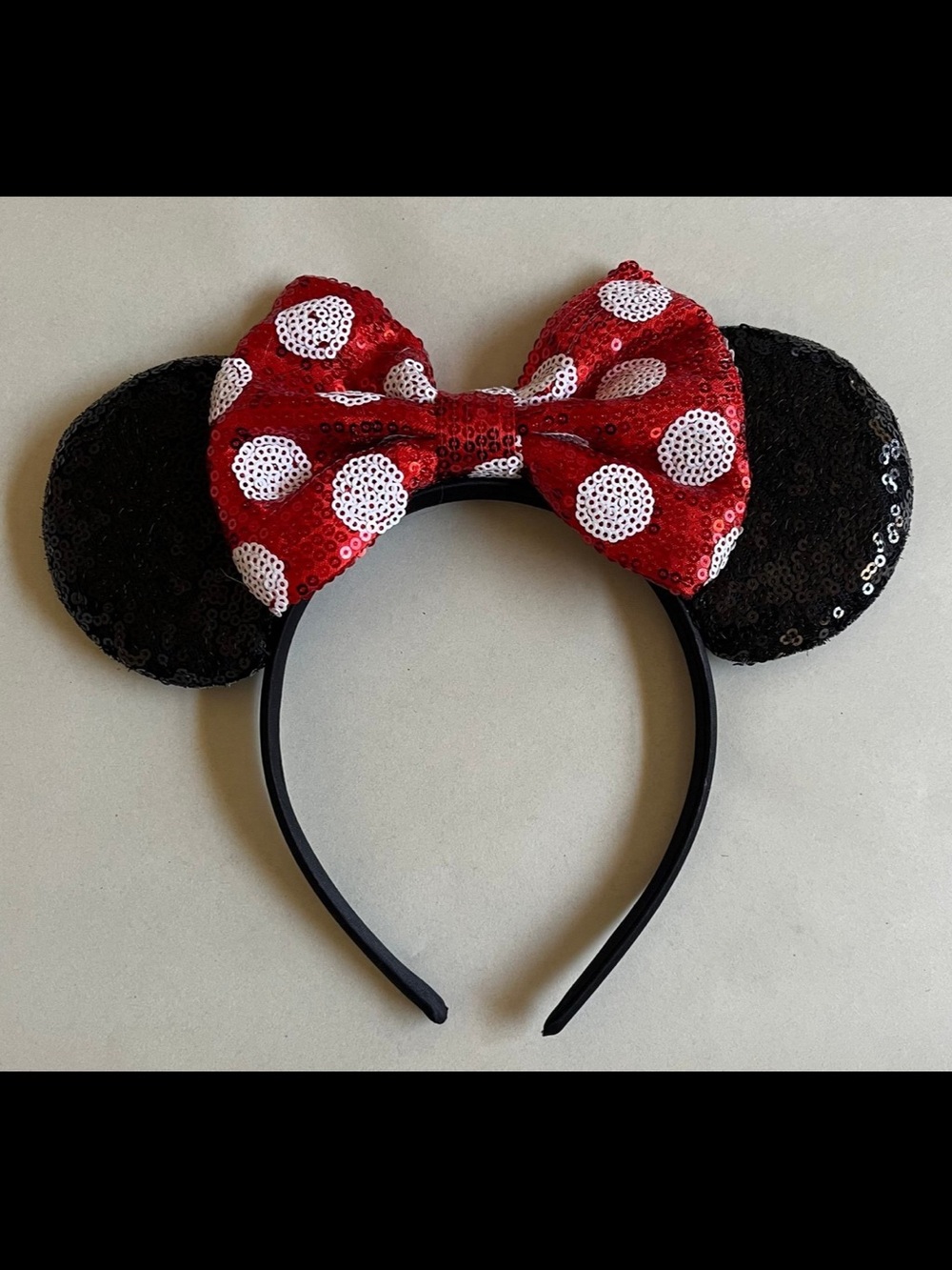 Sequin Minnie Ear Headband with Red Polka Dot Bow